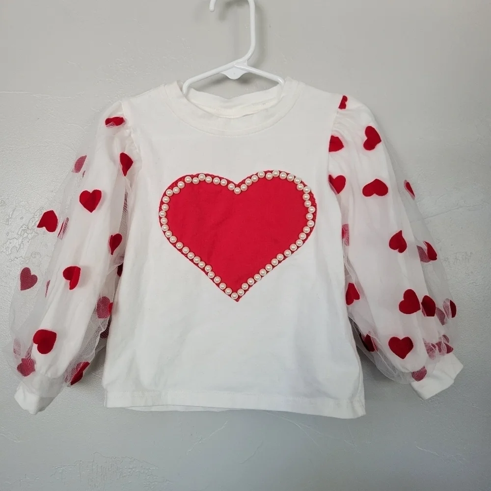 Little Girls White Long Sleeve Shirt Red Heart Velvet Pearl's Tulle Statement 3T